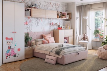 Комплект детской мебели Алина К2 Дуб мария/белый/нежно-розовый велюр в Краснокаменске - krasnokamensk.mebel54.com | фото