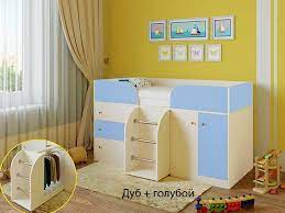 Кровать-чердак Малыш-4 Дуб молочный/Голубой в Краснокаменске - krasnokamensk.mebel54.com | фото