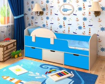 Кровать Малыш-мини с бортиком Дуб молочный/Голубой в Краснокаменске - krasnokamensk.mebel54.com | фото