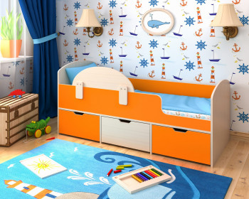 Кровать Малыш-мини с бортиком Дуб молочный/Оранжевый в Краснокаменске - krasnokamensk.mebel54.com | фото
