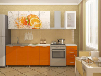 Кухонный гарнитур 1,6м Апельсин (Белый/Оранжевый металлик/Фотопечать апельсин) в Краснокаменске - krasnokamensk.mebel54.com | фото