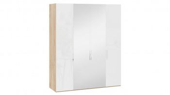 Шкаф комбинированный с 2 глухими и 2 зеркальными дверями «Эмбер» Яблоня Беллуно/Белый глянец в Краснокаменске - krasnokamensk.mebel54.com | фото